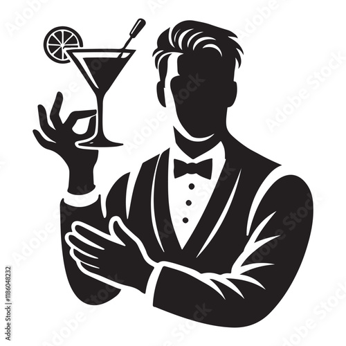 Bartender Silhouette Vector Illustration, Solid White Background.