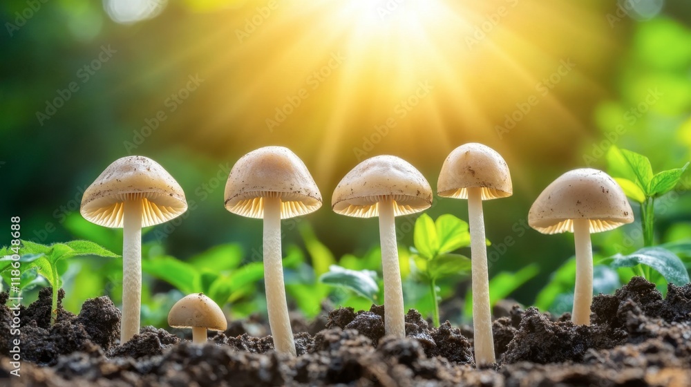 Fresh Brown Mushrooms Growing In Soil Under Sunlight Rays Fresh Brown Mushrooms Growing In Soil Under Sunlight Rays