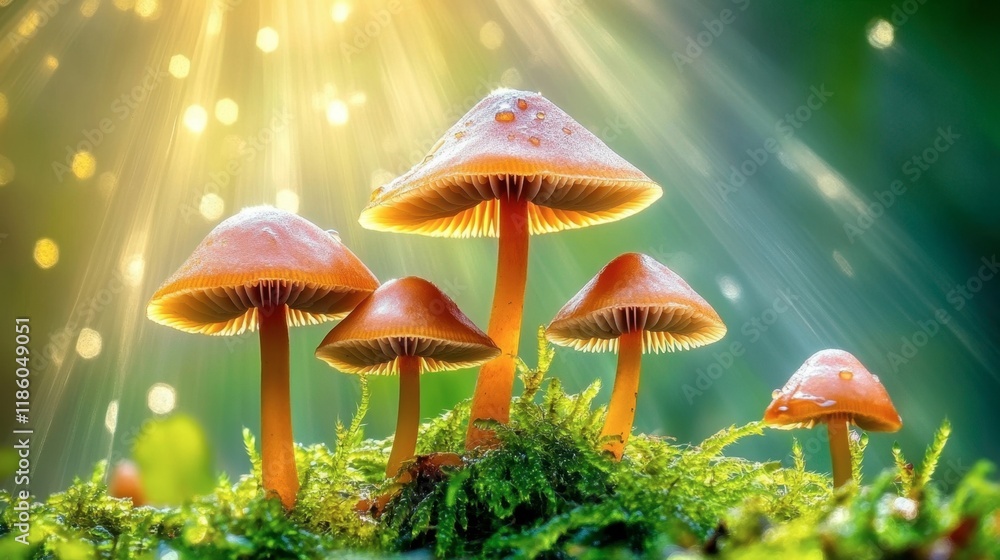 Fototapeta premium Majestic Mushrooms Glowing Under Soft Light in Lush Green Environment