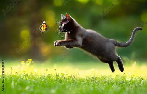 A cute little cat is chasing after the butterfly, leaping in mid-air against a green grass background,Generative AI photo