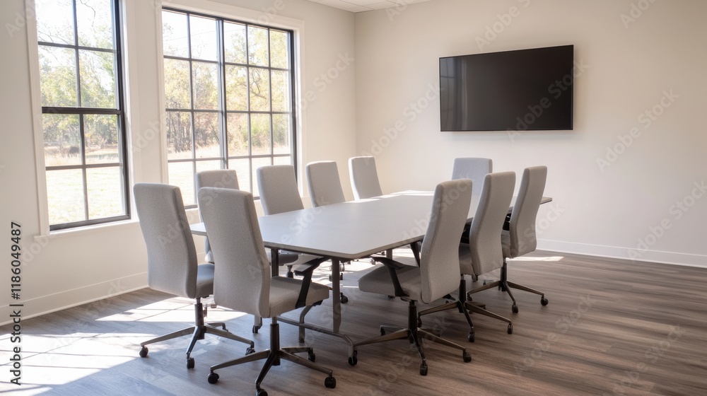 Modern conference room with large windows illuminating table and chairs Modern conference room with large windows illuminating table and chairs