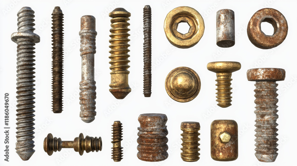 Old screw and nail heads set, golden metal bolts, grunge rusty rivets hardware yellow caps with grooves and holes top view isolated on transparent background. Realistic 3d vector illustration, icons Old screw and nail heads set, golden metal bolts, grunge rusty rivets hardware yellow caps with grooves and holes top view isolated on transparent background. Realistic 3d vector illustration, icons