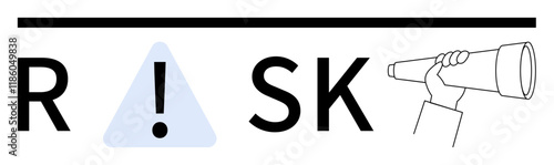 Letters R, S, and K with caution triangle in place of letter I beside hand holding a telescope. Ideal for business strategy, safety awareness, finance, project planning, education, forecasting risk