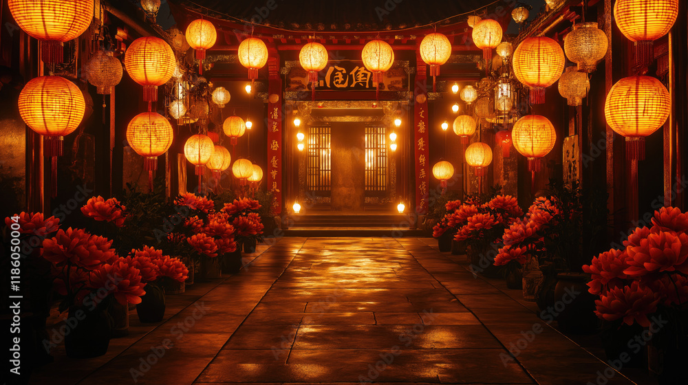 Obraz premium Traditional chinese courtyard with illuminated lanterns during festival. Chinese New Year