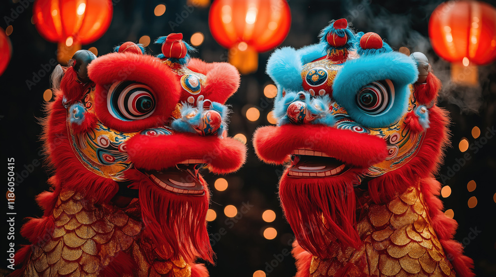 Naklejka premium Colorful chinese dragon costumes amidst festive lanterns and lights. Chinese New Year