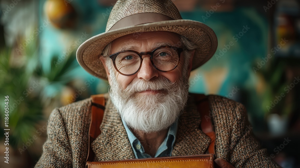 Fototapeta premium Symbolic retirement celebration with retiree holding a suitcase and surrounded by travel decor for dream destination