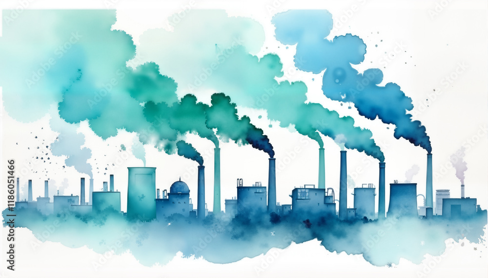 Fototapeta premium Watercolor illustration of industrial landscape with smokestacks and blue hues representing pollution on white background for environmental art, digital projects, and pollution awareness