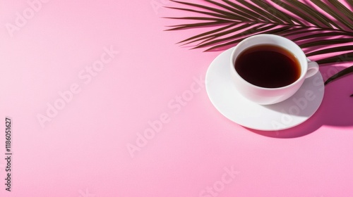Cup of coffee with palm leaf on pink background