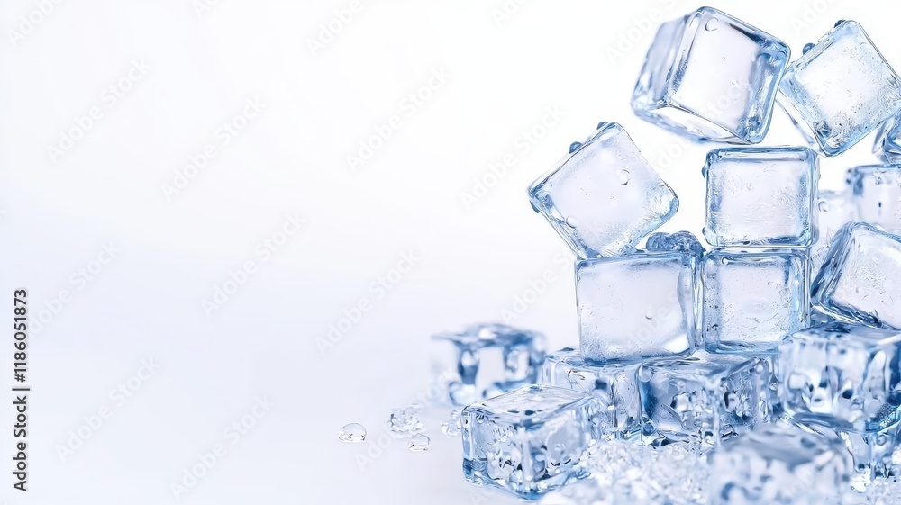 Ice cubes frozen minimal on white background. A pile of clear ice cubes against a plain background, conveying coolness and refreshment. Ice cubes frozen minimal on white background. A pile of clear ice cubes against a plain background, conveying coolness and refreshment.