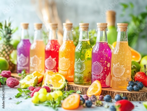 Vibrant close-up of kombucha bottles with colorful labels, fresh fruits, and herbs photo