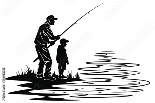 A father and child fishing by a glowing lake,