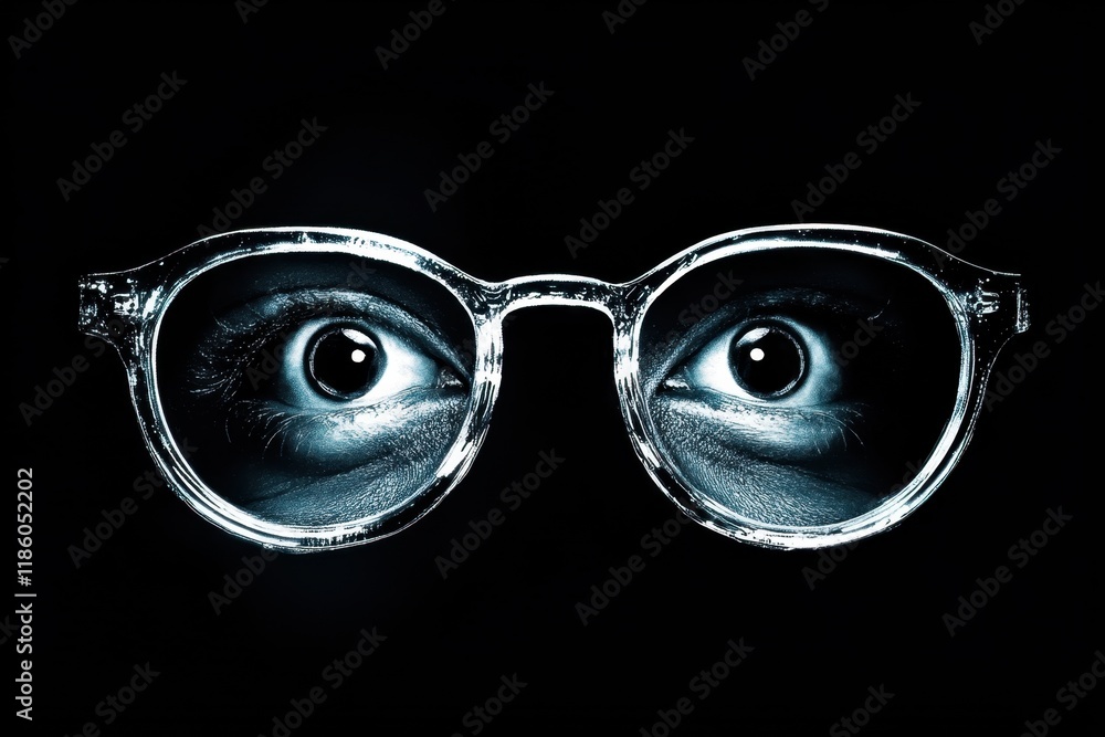Mysterious eyes peering glasses in darkness