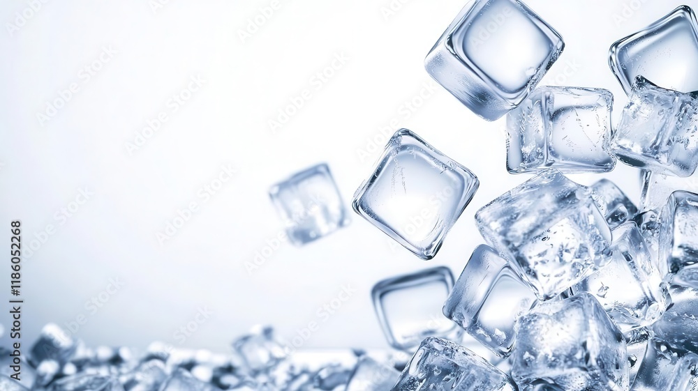 Ice cubes frozen minimal on white background. A close-up view of ice cubes, some scattered and others floating, set against a smooth, light background. Ice cubes frozen minimal on white background. A close-up view of ice cubes, some scattered and others floating, set against a smooth, light background.