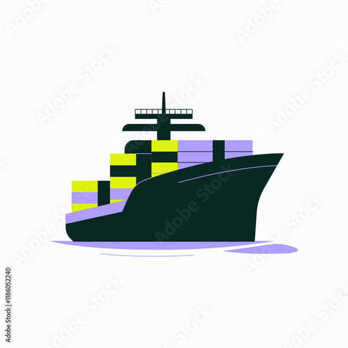 Cargo Ship With Containers In Flat Vector Illustration Symbolizing Global Trade And Shipping, Isolated On White Background.