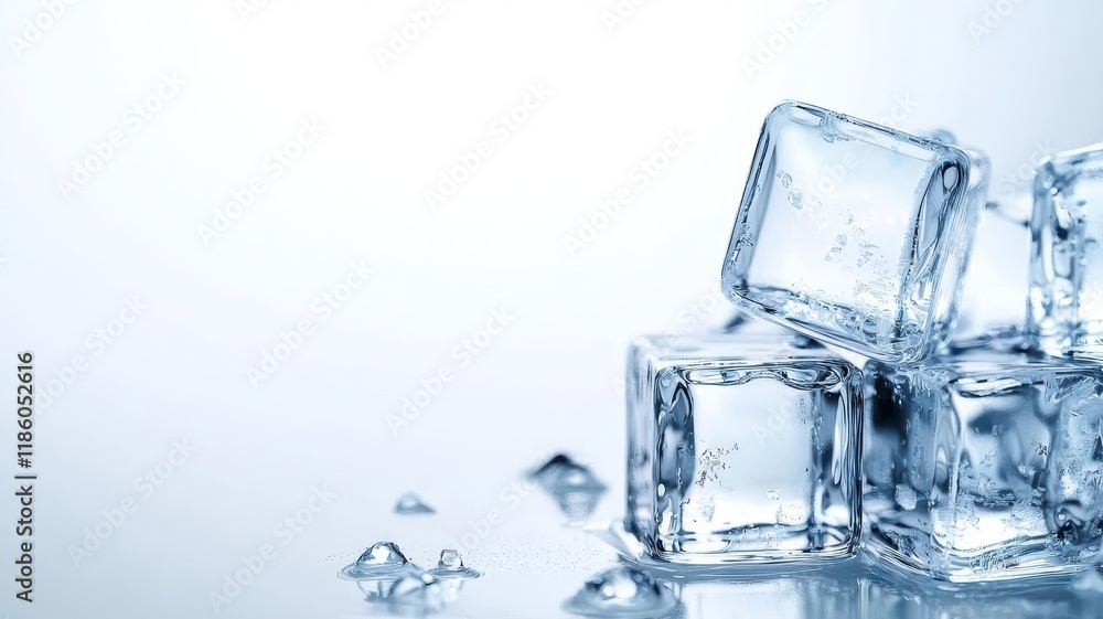 Ice cubes frozen minimal on white background. A close-up of ice cubes stacked on a reflective surface, showcasing their clarity and cool texture against a light background. Ice cubes frozen minimal on white background. A close-up of ice cubes stacked on a reflective surface, showcasing their clarity and cool texture against a light background.