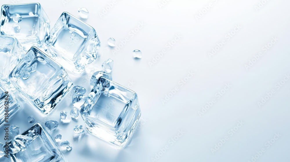 Ice cubes frozen minimal on white background. A serene arrangement of clear ice cubes scattered on a light surface, evoking a refreshing, cool atmosphere. Ice cubes frozen minimal on white background. A serene arrangement of clear ice cubes scattered on a light surface, evoking a refreshing, cool atmosphere.