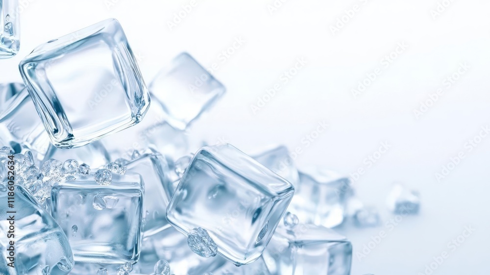 Obraz premium Ice cubes frozen minimal on white background. A close-up of transparent ice cubes scattered on a light background, conveying a cool and refreshing aesthetic.