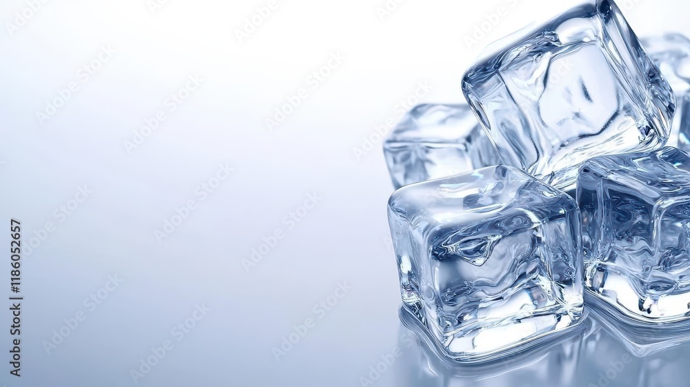 Ice cubes frozen minimal on white background. A close-up image of clear ice cubes stacked on a reflective surface, showcasing their crystalline structure and purity. Ice cubes frozen minimal on white background. A close-up image of clear ice cubes stacked on a reflective surface, showcasing their crystalline structure and purity.