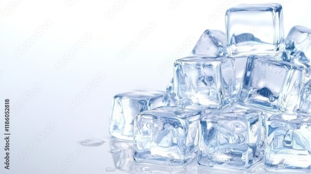 Ice cubes frozen minimal on white background. A close-up of transparent ice cubes stacked creatively, reflecting light, creating a cool and refreshing aesthetic. Ice cubes frozen minimal on white background. A close-up of transparent ice cubes stacked creatively, reflecting light, creating a cool and refreshing aesthetic.