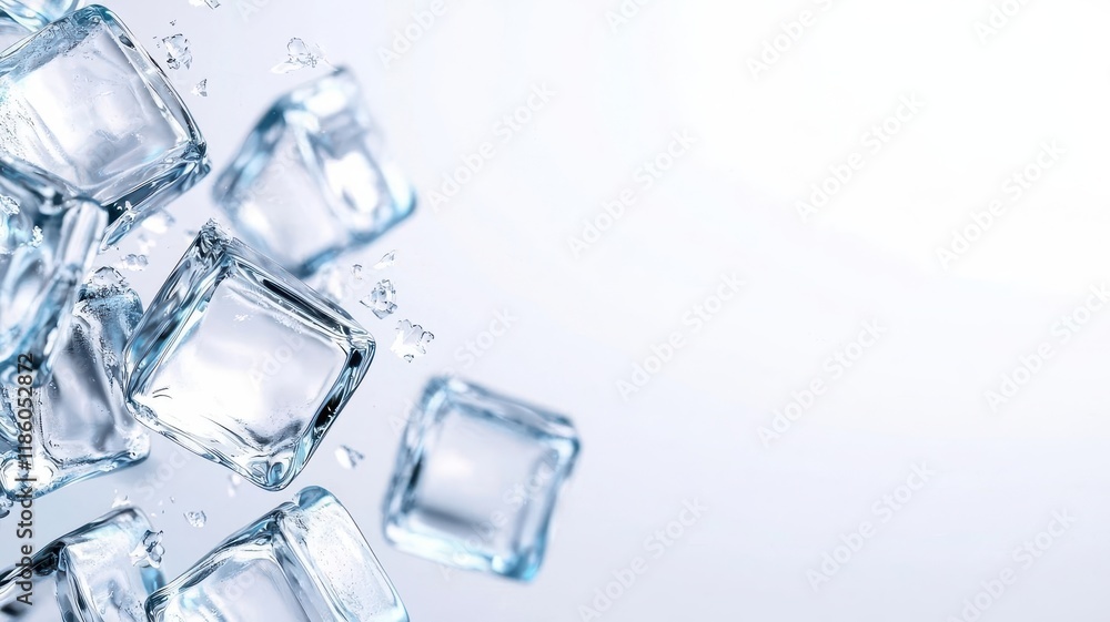 Ice cubes frozen minimal on white background. Crystal-clear ice cubes scattered on a light background, reflecting light and creating a refreshing, cool aesthetic. Ice cubes frozen minimal on white background. Crystal-clear ice cubes scattered on a light background, reflecting light and creating a refreshing, cool aesthetic.