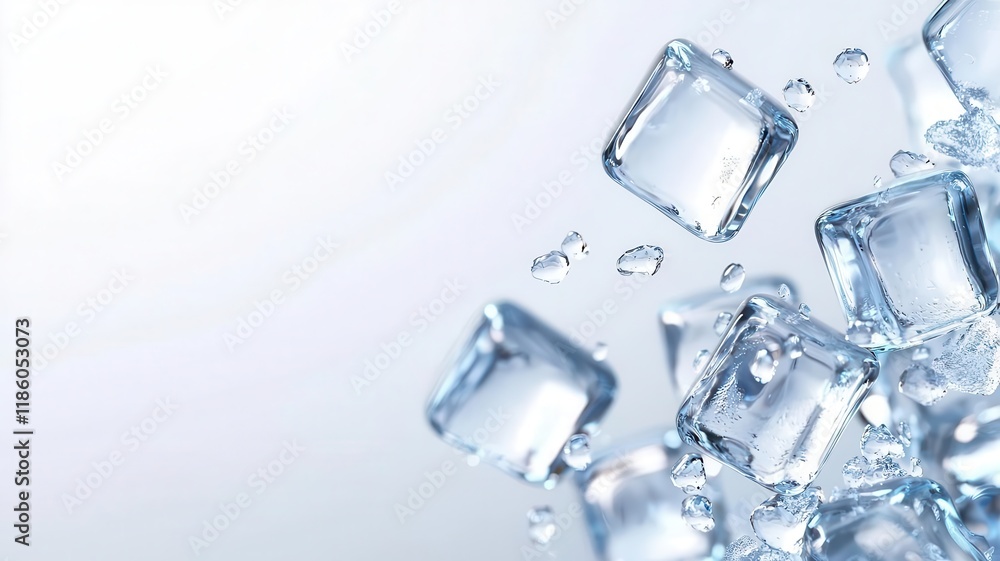 Ice cubes frozen minimal on white background. A collection of ice cubes floating in water, creating a refreshing and cool aesthetic, perfect for beverages or summer imagery.