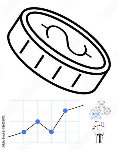 Coin with dollar sign, rising graph, robotic hand selecting CRM. Ideal for finance, analytics, automation, growth strategies, technology, business planning abstract line flat metaphor