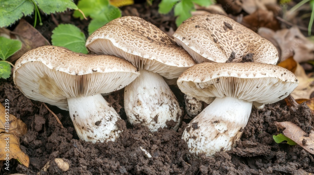 Mushrooms Growing in Soil Surrounded by Green Leaves and Nature Mushrooms Growing in Soil Surrounded by Green Leaves and Nature