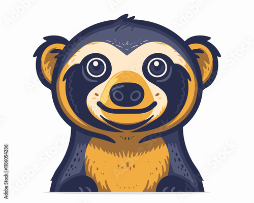 Cartoonish sloth with a big smile on its face. The bear is wearing a yellow and blue outfit