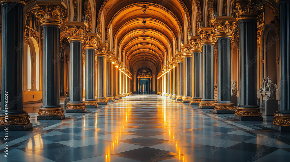 Obraz premium Corridor with columns and arches in palace. Vector cartoon interior of hallway with white marble pillars with golden ornament. Empty gallery with baroque colonnade illuminated by floor spotlights