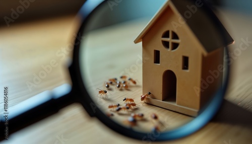 Magnifying glass shows tiny termites near miniature house. Close-up view highlights pest infestation risk. Inspection insect activity around miniature wooden structure. Wood damage, termite colony photo