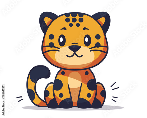 Cartoon leopard with a smile on its face. The leopard is sitting on a white background. The leopard is cute and friendly