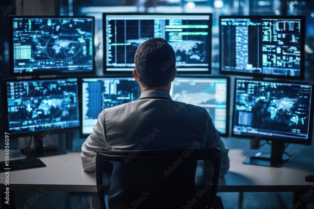 Cybersecurity expert analyzing potential threats in high-tech control room urban setting digital monitoring environment focused viewpoint data security concept