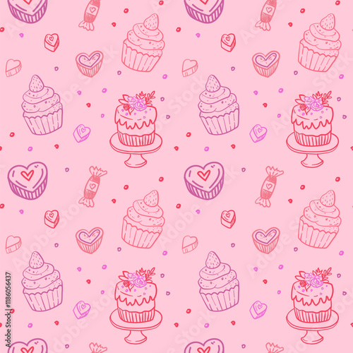 Pink Dessert Pattern with Cakes and Hearts