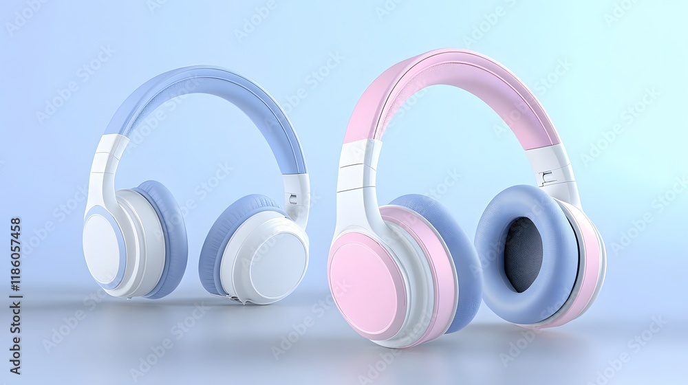 Pastel Pink and Blue Headphones Displayed Together Pastel Pink and Blue Headphones Displayed Together