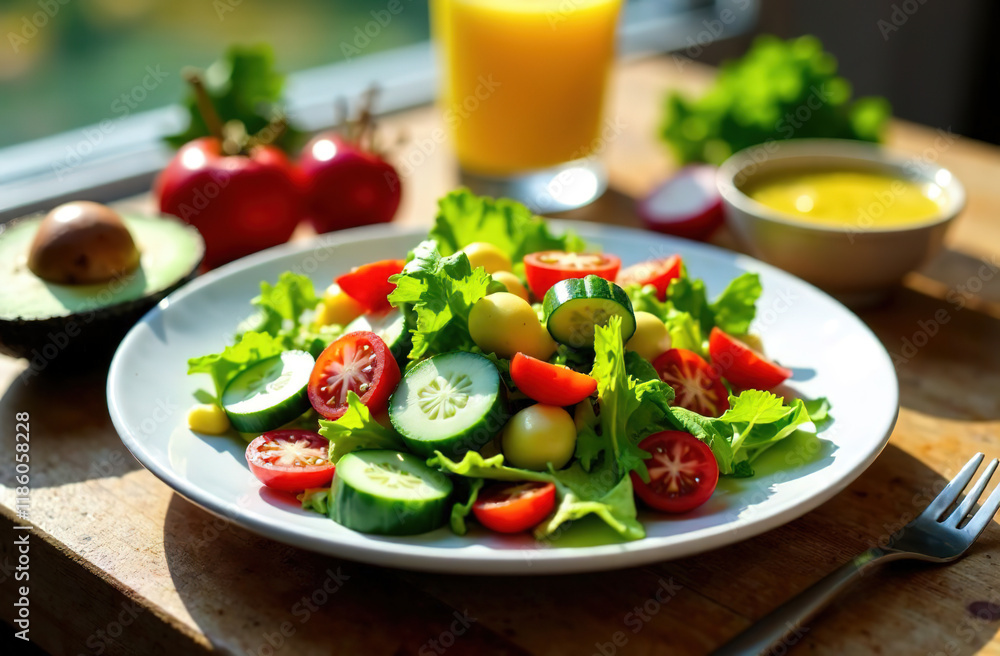 Salad of fresh vegetables and greens. Salad of tomato, cucumber, greens, avocados lying next to it. Salad of fresh vegetables and greens. Salad of tomato, cucumber, greens, avocados lying next to it.