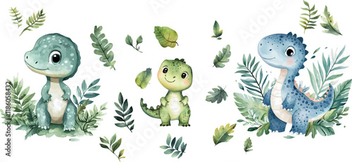 Watercolor dinosaur collage, white background