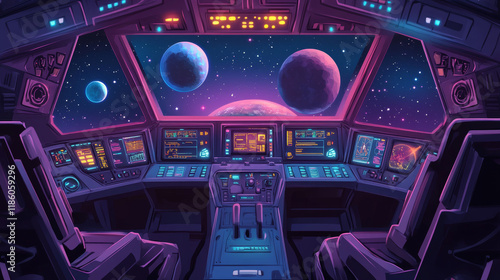 Fototapeta Naklejka Na Ścianę i Meble -  Spaceship cockpit interior. Vector cartoon illustration of space shuttle cabin flight in night sky, pilot seats, computer dashboard with buttons and displays, planet and stars seen through windshield