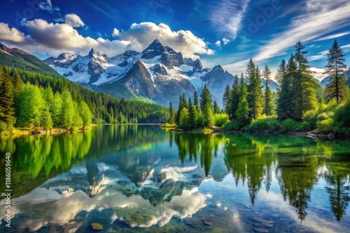 Tranquil mountain lake reflects snow-capped peaks and lush greenery.