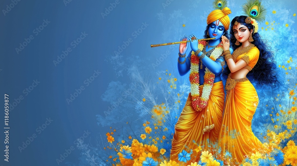 Fototapeta premium Divine depiction of krishna and radha in colorful traditional attire with floral background