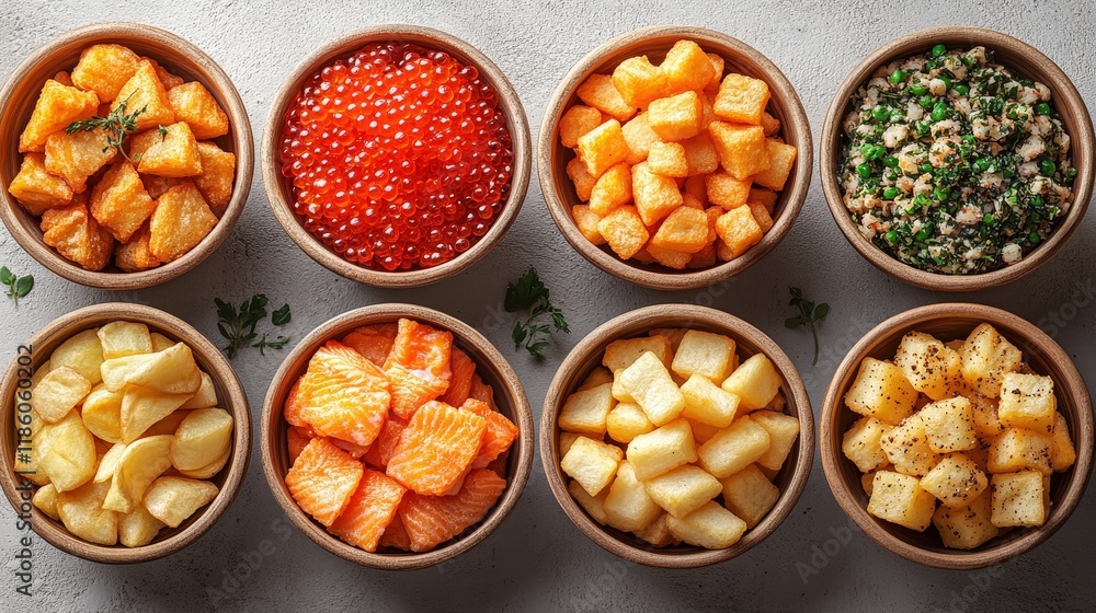 A Colorful Display of Delicious Ingredients Featuring Fish, Chips, and Various Toppings in Rustic Bowls for Culinary Inspiration A Colorful Display of Delicious Ingredients Featuring Fish, Chips, and Various Toppings in Rustic Bowls for Culinary Inspiration