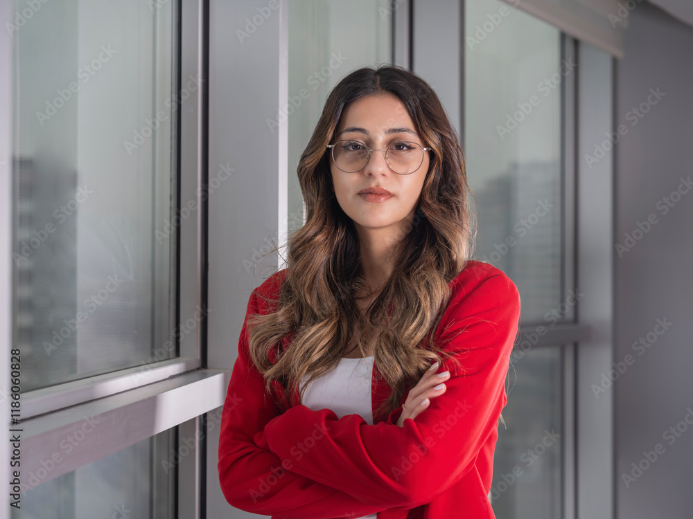 Confident young business woman, portrait of caucasian brunette serious confident young business woman standing near window in office arms crossed looking at camera. Attorney, entrepreneur, manager. Confident young business woman, portrait of caucasian brunette serious confident young business woman standing near window in office arms crossed looking at camera. Attorney, entrepreneur, manager.