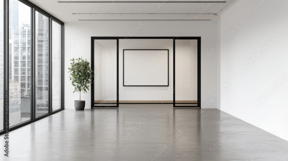 Modern empty office space with glass walls, potted plant, and city view Modern empty office space with glass walls, potted plant, and city view