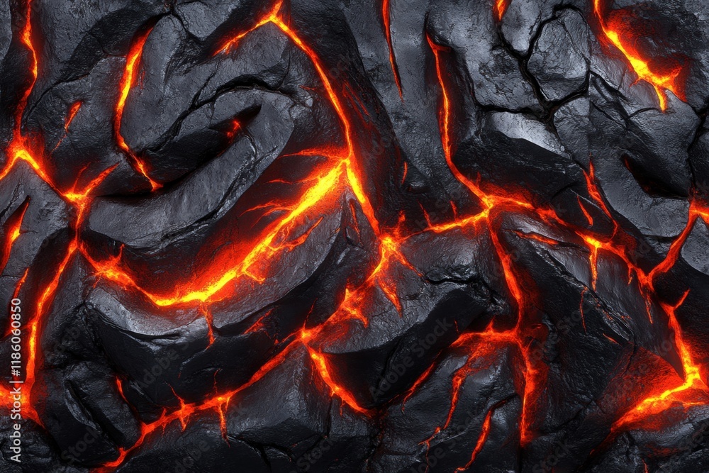 Fiery Lava Flow on Black Volcanic Rock Surface in Detail Fiery Lava Flow on Black Volcanic Rock Surface in Detail