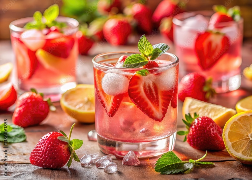 Vibrant pink lemonade, ripe strawberries; a high-resolution image captures the refreshing summer drink perfectly. Vibrant pink lemonade, ripe strawberries; a high-resolution image captures the refreshing summer drink perfectly.