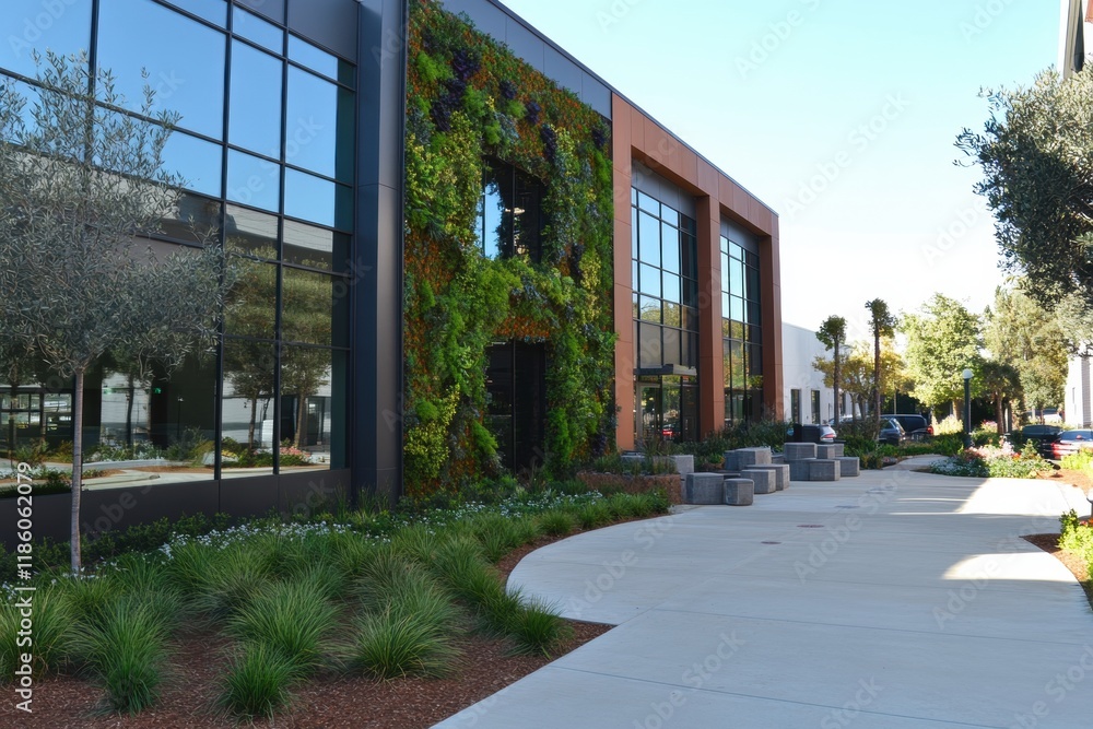 Naklejka premium Modern Eco-Friendly Building with Vertical Garden and Pathway
