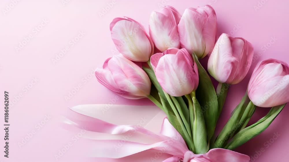 Elegant pink tulips arranged with a ribbon on soft pink background for a fresh spring feel. Mothers Day concept Elegant pink tulips arranged with a ribbon on soft pink background for a fresh spring feel. Mothers Day concept