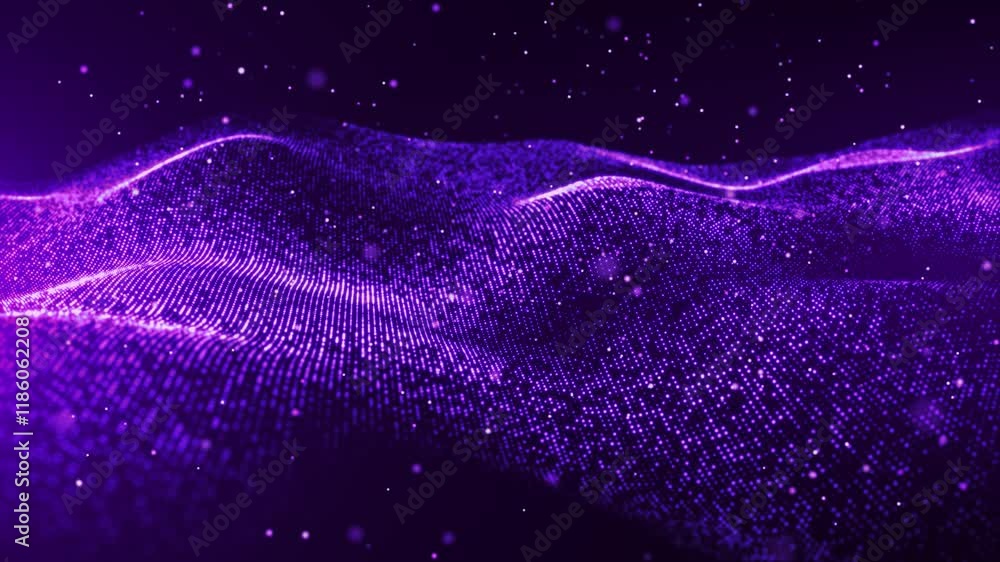 Abstract digital dynamic waves of purple glitter particles with light motion lights background, data flow, cyber technology. 3D rendering. Seamless looping 4k video. Screensaver video animation