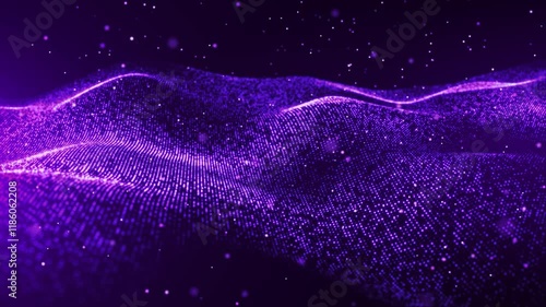 Abstract digital dynamic waves of purple glitter particles with light motion lights background, data flow, cyber technology. 3D rendering. Seamless looping 4k video. Screensaver video animation