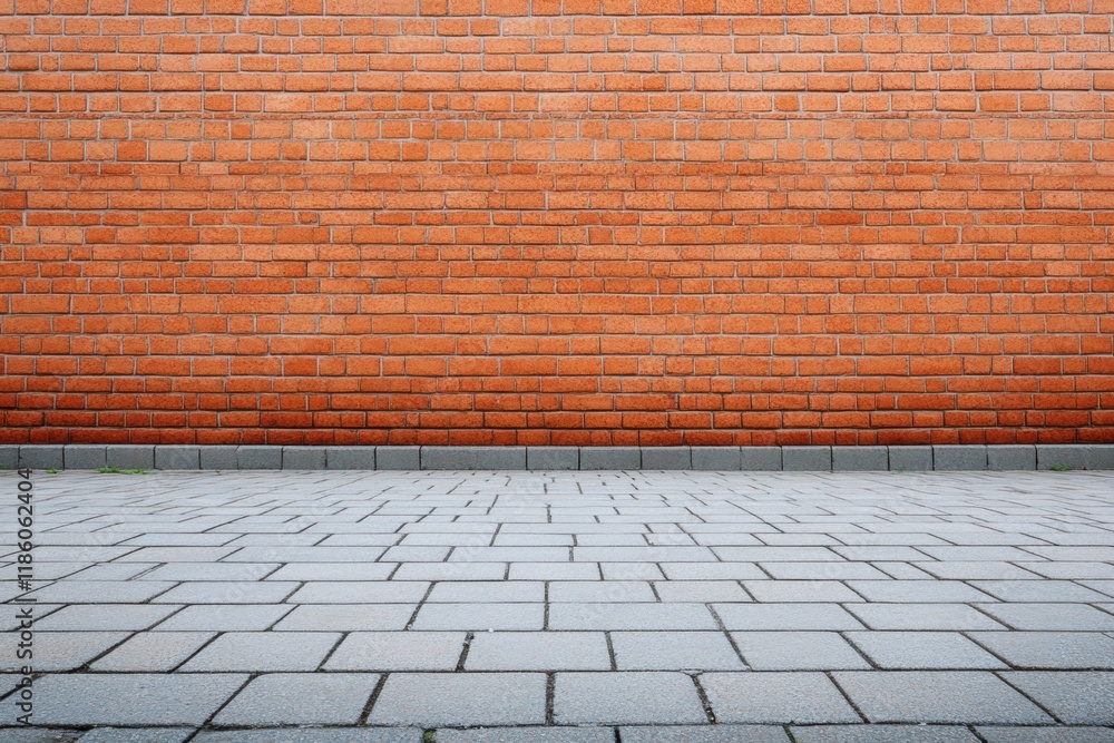 Red Brick Wall with Smooth Gray Paving Stones on the Ground Red Brick Wall with Smooth Gray Paving Stones on the Ground