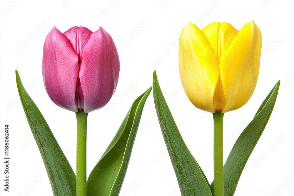Pink and Yellow Tulips with Green Leaves Isolated on White Background
